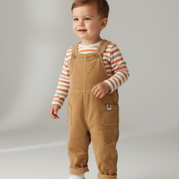 Rabbit + Bear Tan Corduroy Overalls with Striped Shirt 0-3 months - Picture 1 of 8